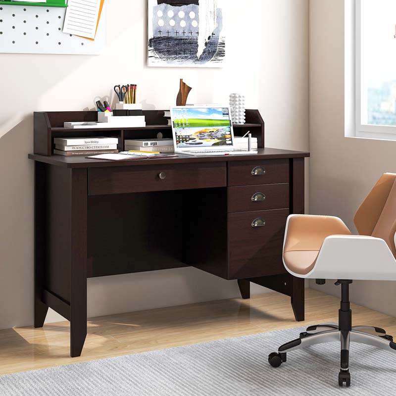 Computer Desk With 4 Storage Drawers And Hutch, 48in x 22in x 36.5in - Rustic Brown