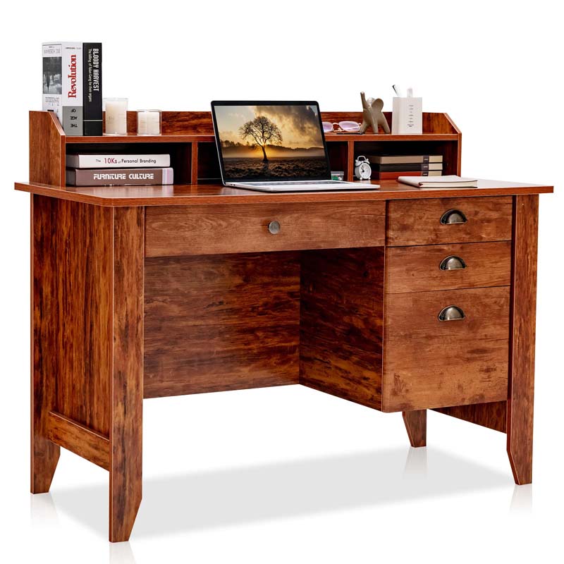 Computer Desk With 4 Storage Drawers And Hutch, 48in x 22in x 36.5in - Rustic Brown