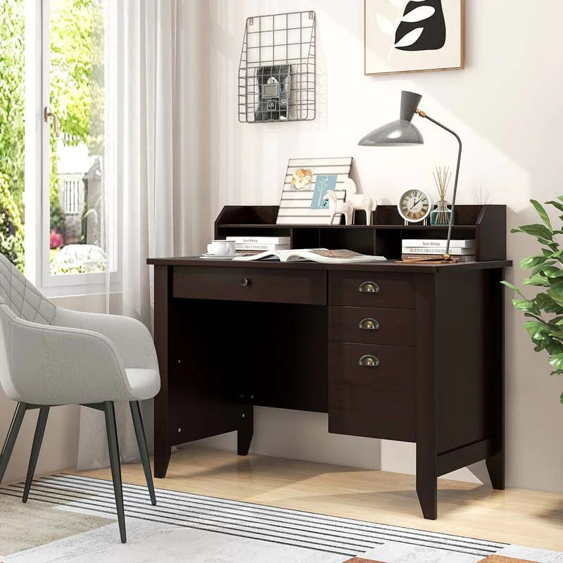 Computer Desk With 4 Storage Drawers And Hutch, 48in x 22in x 36.5in - Rustic Brown