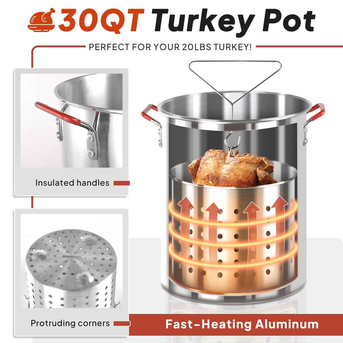 30QT & 10QT Outdoor Turkey Fryer | Seafood Boil Pot | Cover & Skimmer Included | 50,000BTU Propane Burner | Aluminum Deep Fryer Pot with Basket