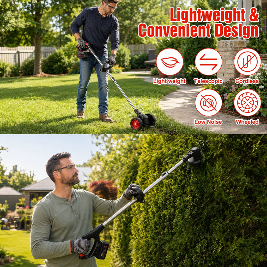 FOUKUS Cordless Weed Wacker Battery Powered - 800W Electric Grass Trimmer Edger Mower with Wheels - Lightweight Brush Cutter Tool for Lawn Care