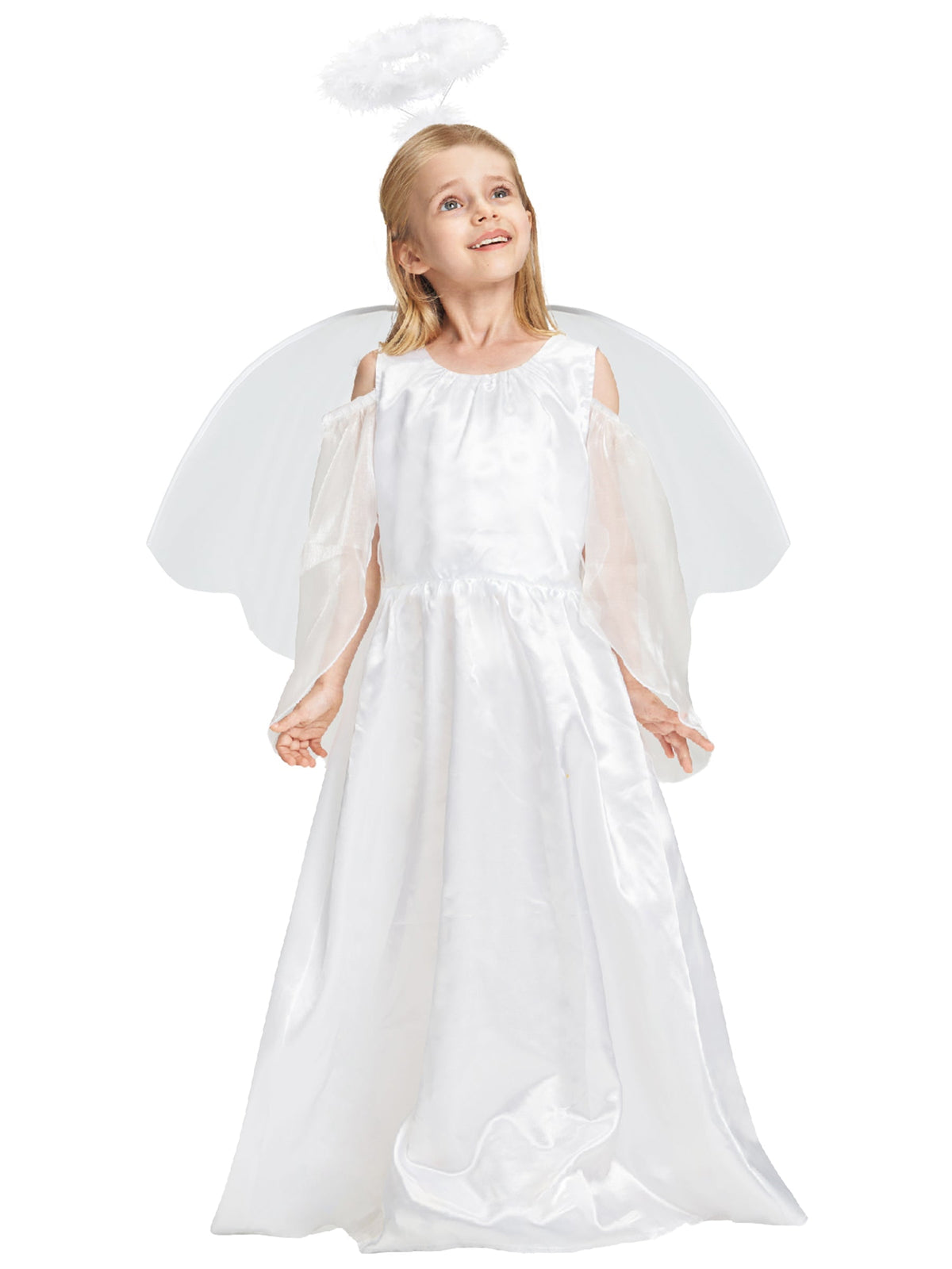 Girls Angel Costume, 3 Pcs Dress Halo Wings White Fancy Dress Up for Nativity Halloween Christmas 3-4 Years