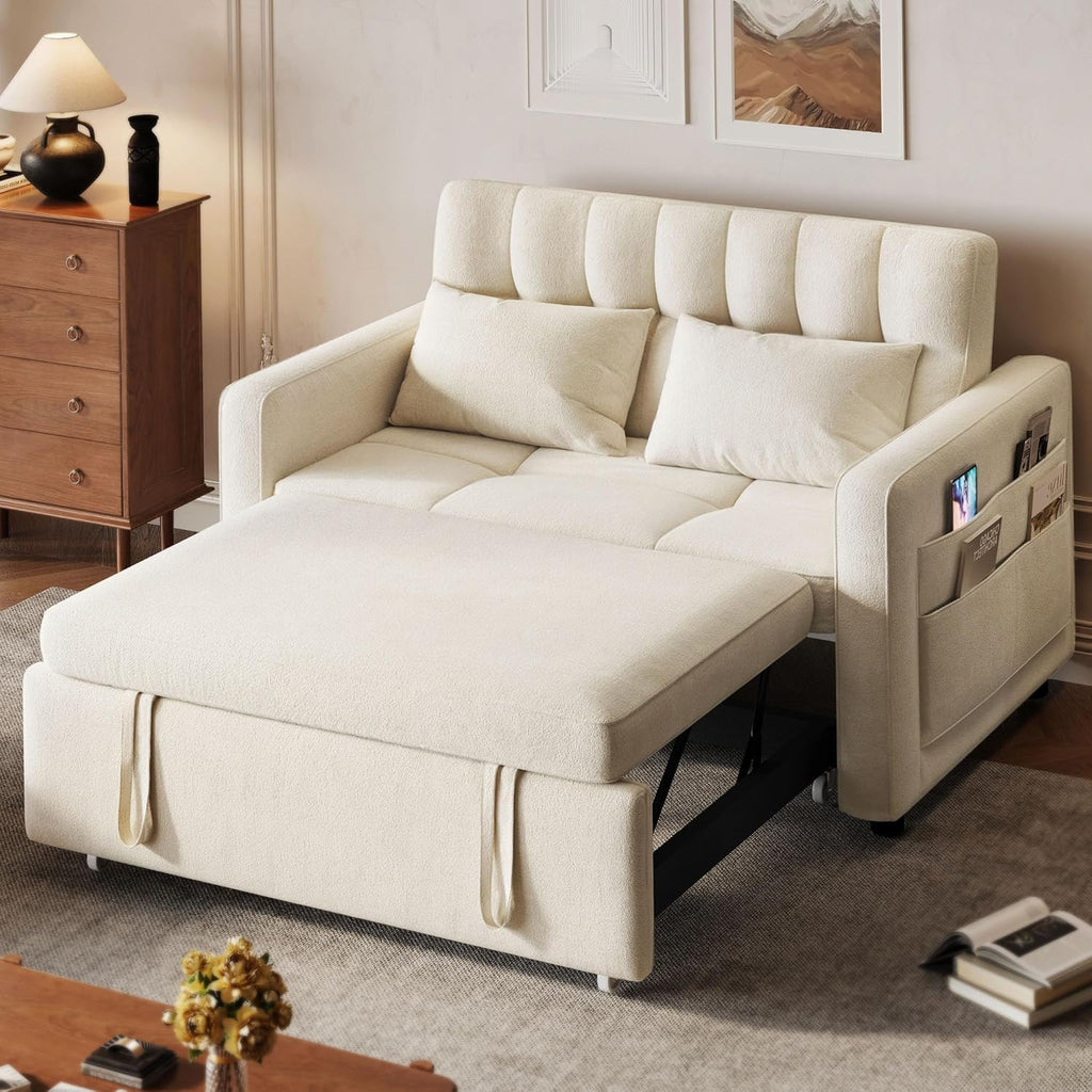 3-in-1 Convertible Sleeper Sofa, 55 in Pull-Out Bed, Adjustable Backrest, Cat-Scratch-Proof Fabric