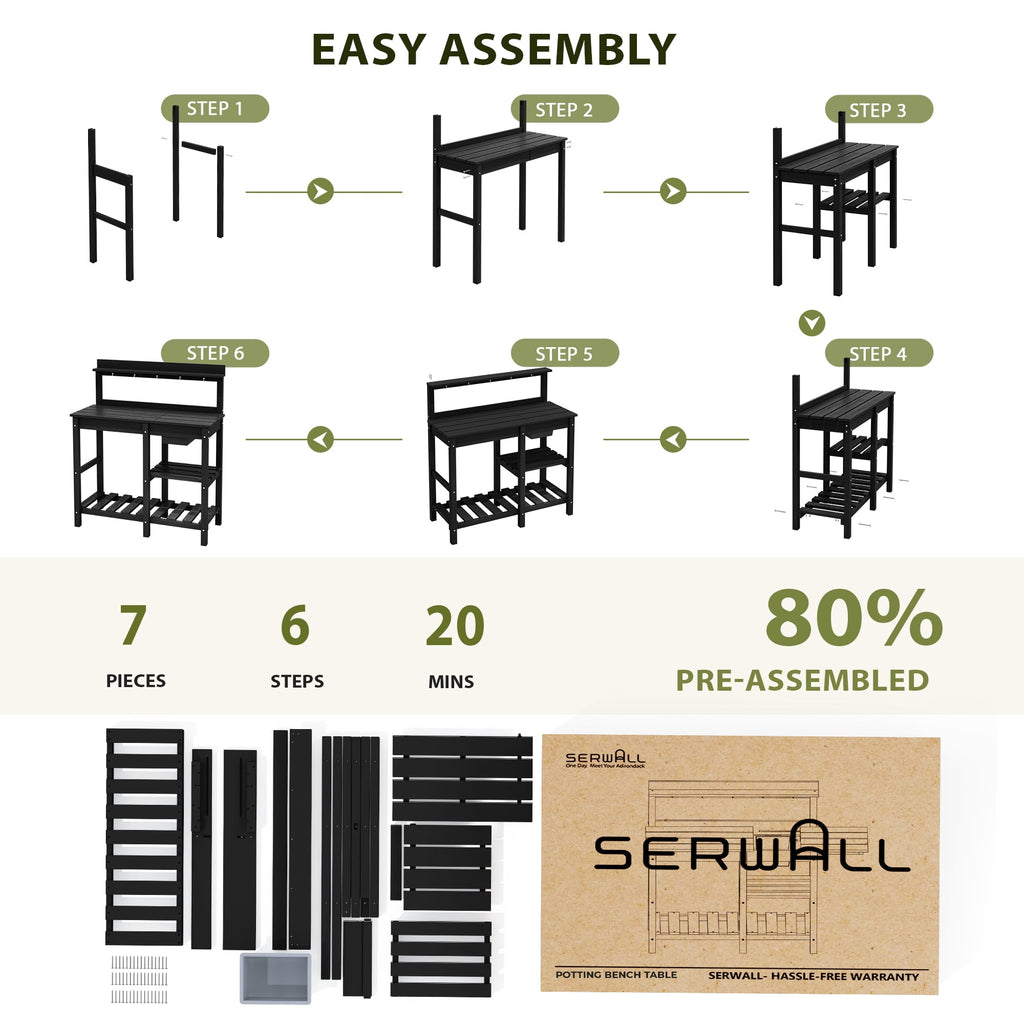 SERWALL Potting Bench Outdoor Potting Table with Sink, HDPE Material All Weather Use- Black