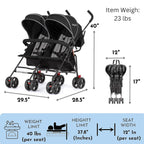 Dream On Me Volgo Twin Umbrella Stroller, Black, 29.50 x 28.50 x 40.00 Inches - 446-BLK