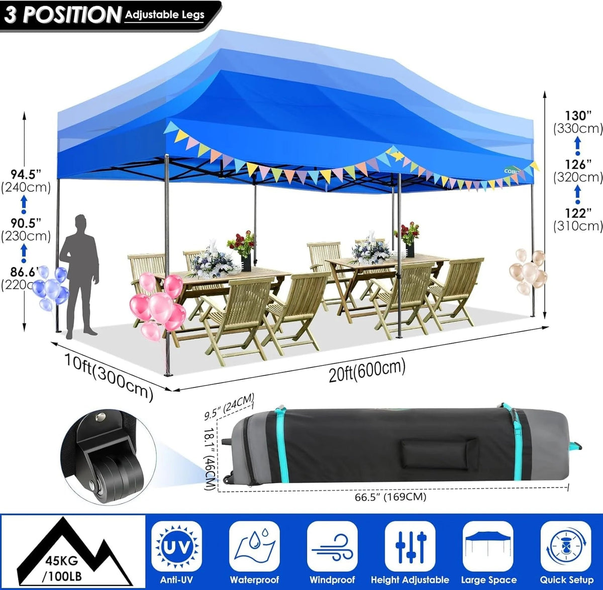 COBIZI 10x20 Heavy Duty Pop-Up Canopy Tent With 6 Sidewalls - Black