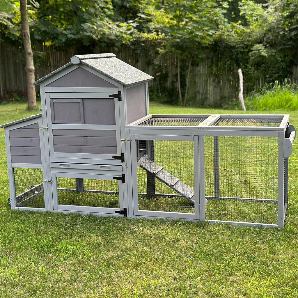 Aivituvin 82.4" Chicken Coop with Wheels, Large Hen House with Run, Chicken Cage for 4-6 Chickens, Weatherproof Asphalt Roof, Nesting Box & Pull-Out