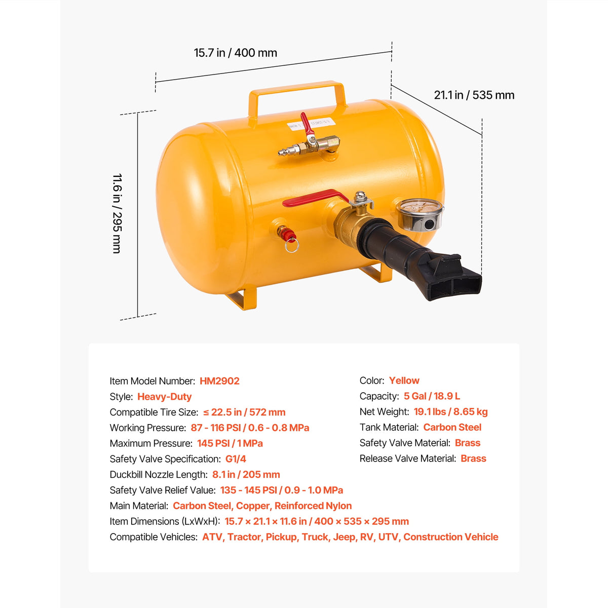 Kffkff 5 Gallon Air Tire Bead Seater, Heavy-Duty Tool for Tire Inflation, 87-116 PSI Operating Pressure, ATVs,Multicolor