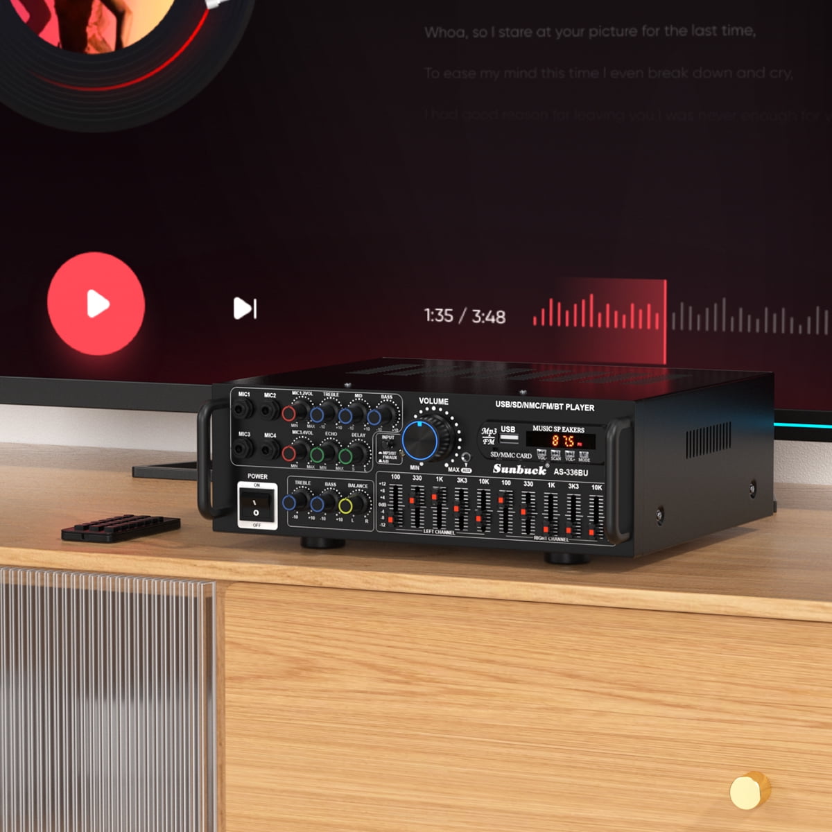 Sunbuck 2000W Bluetooth 5.0 HiFi Stereo Receiver, Karaoke Power Amplifier with FM USB SD AUX Remote, Home Theater Audio System for Speakers