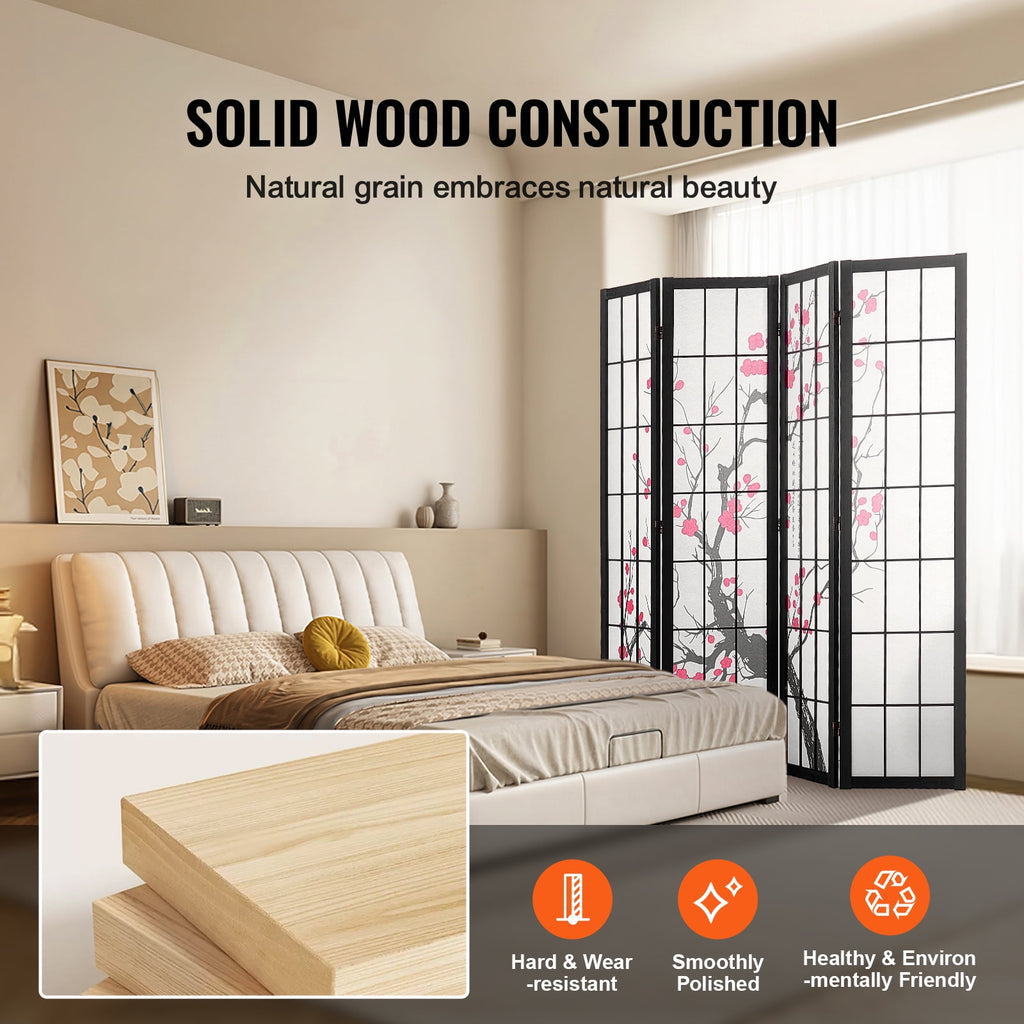 KFFKFF 4-Panel Japanese Room Divider Screen, Wooden Folding Privacy Screen for Indoor Use, Portable Partition for Room Separation and Decoration in