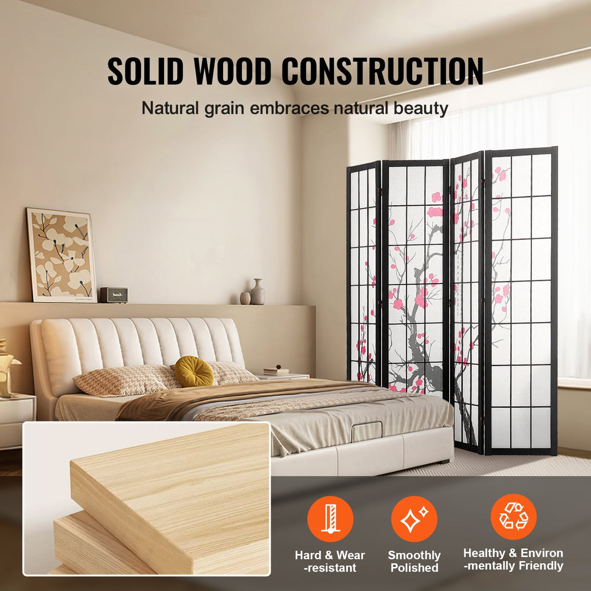 KFFKFF 4-Panel Japanese Room Divider Screen, Wooden Folding Privacy Screen for Indoor Use, Portable Partition for Room Separation and Decoration in