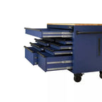 Heavy-Duty 52 in. 9-Drawer Mobile Workbench With Adjustable-Height Solid Wood Top - Matte Blue