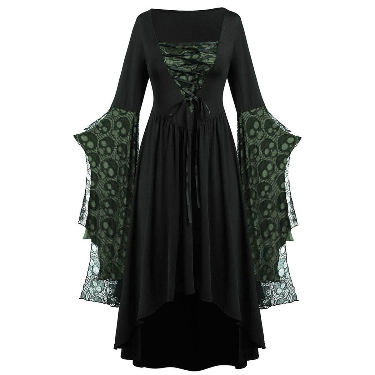 Huowey Vampire Gothic Dresses Women Halloween LaceâUp Waist High-Low Fancy Cosplay Party Gown Square Neck Long Sleeve Eye-Catching Halloween Dress, Green