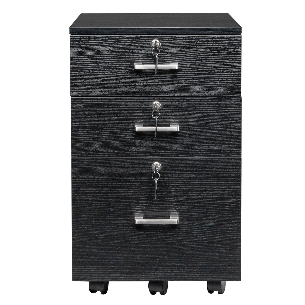 Ktaxon 3-Drawer Rolling Wood File Cabinet with Lock, Portable Vertical Mobile Wooden Storage Filing Cabinet for Home Office,Black