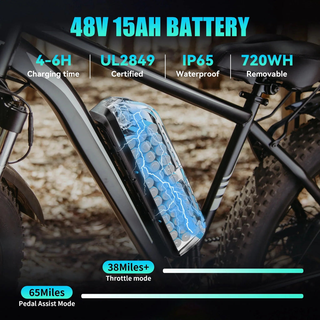 AMYET 26 x 4 Fat Tire Electric Mountain Bike, 48V 15Ah, 7-Speed - EB26