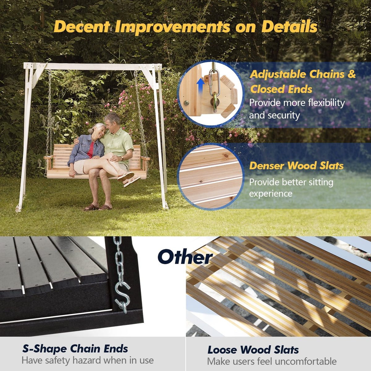 Ktaxon 5FT Patio Porch Swing, Heavy Duty 880lbs Capacity Wooden Bench with Hanging Chains