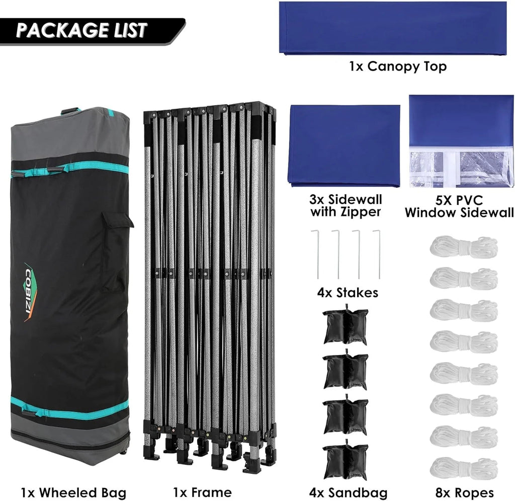 COBIZI 10x20 Heavy Duty Pop-Up Canopy Tent With 6 Sidewalls - Black