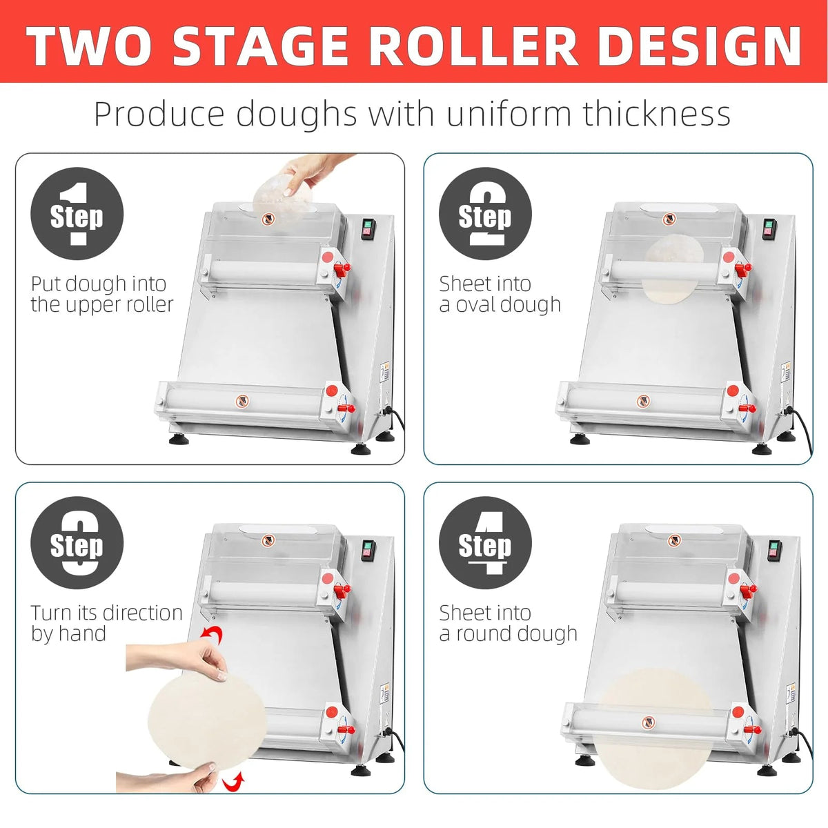 Commercial Pizza Dough Roller Sheeter, 370W, Stainless Steel, Max 16