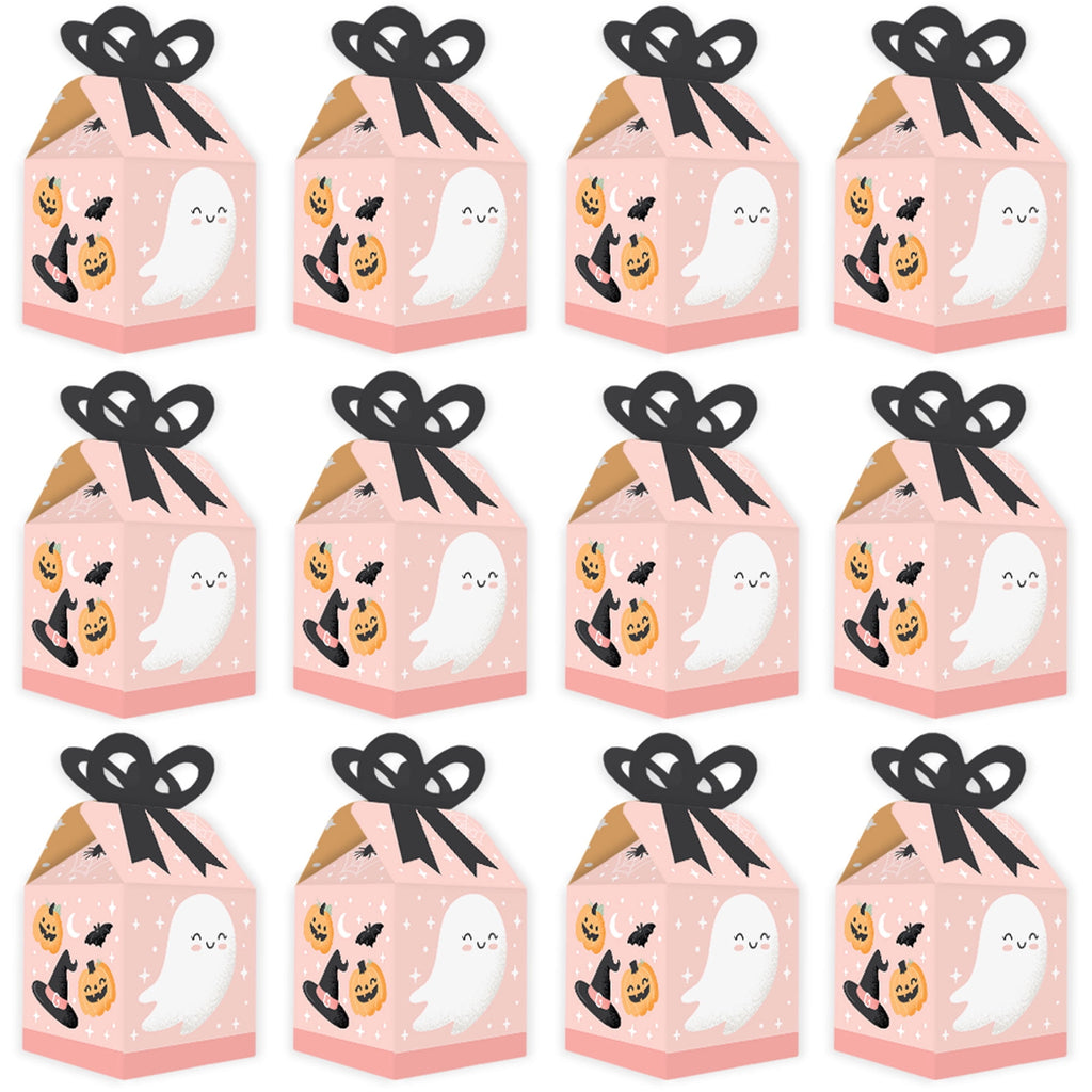 Big Dot of Happiness Pastel Halloween - Square Favor Gift Boxes - Pink Pumpkin Party Bow Boxes - Set of 12