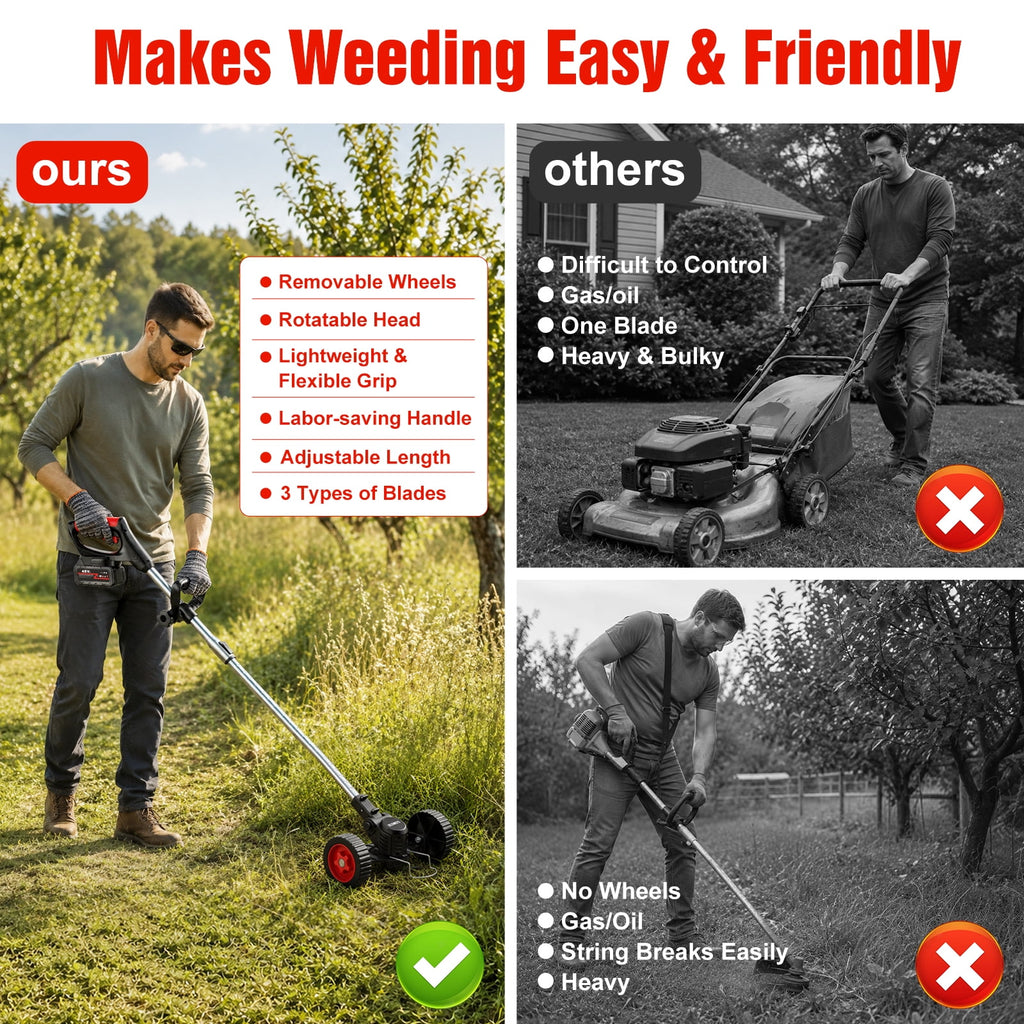FOUKUS Cordless Weed Wacker Battery Powered - 800W Electric Grass Trimmer Edger Mower with Wheels - Lightweight Brush Cutter Tool for Lawn Care