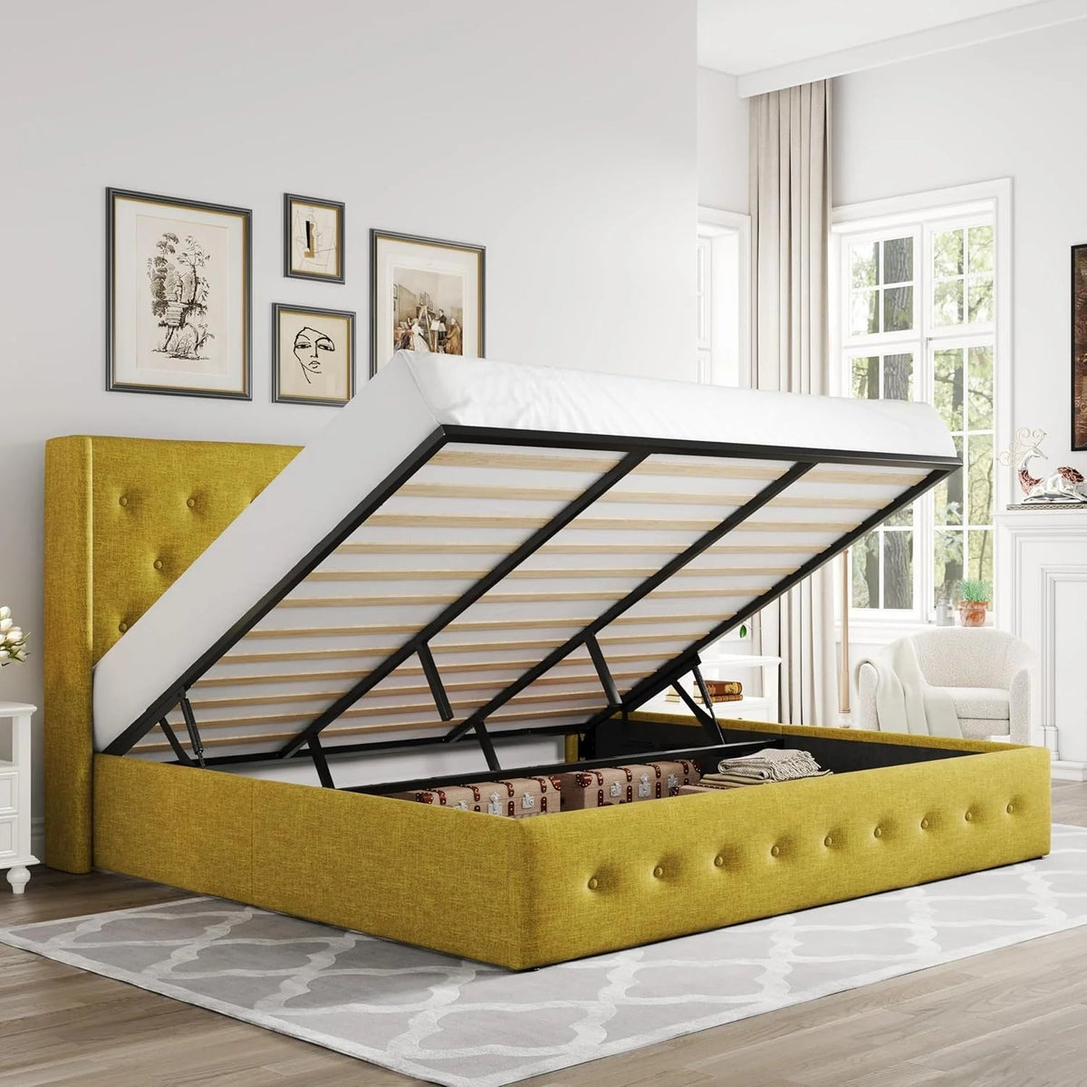 Allewie Queen Lift Up Storage Bed Frame With Wingback Headboard, Light Beige - 80.7 x 60.6 x 44.5 in