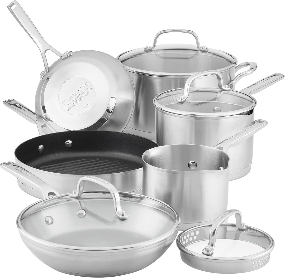KitchenAid 10 Piece 3-Ply Base Brushed Stainless Steel Induction Cookware Set With Nonstick Grill Pan