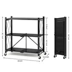 TAIMASI 3-Tier Foldable Metal Shelf with Wheels, Heavy-Duty Movable Wire Rack for Garage, Kitchen, Basement, Pantry Storage, 28''L x 13.4''W x