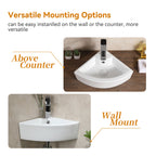 HOROW Sink Ceramic Wall Mount Bathroom Corner Small White 18"