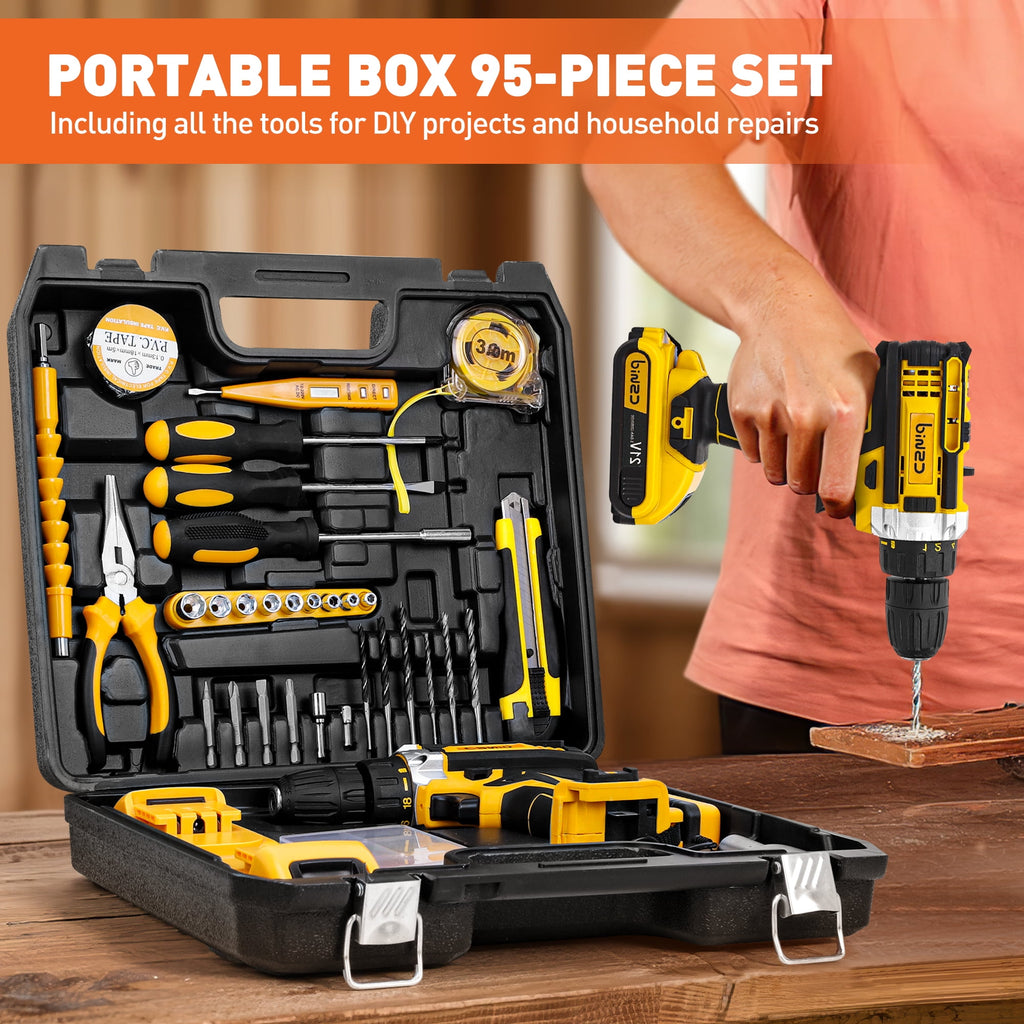 Cshidworld Tool Set with 21V Cordless Drill, Drill Set with 2 Batteries and Charger, 95PCS Electric Power Drill Tool Kit, Repair Tools Sets Combo