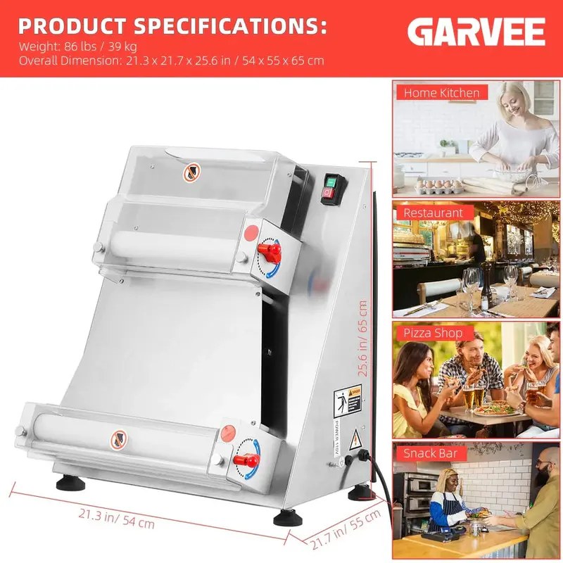 Commercial Electric Pizza Dough Sheeter, 16-Inch Max Width, 370W Stainless Steel Roller