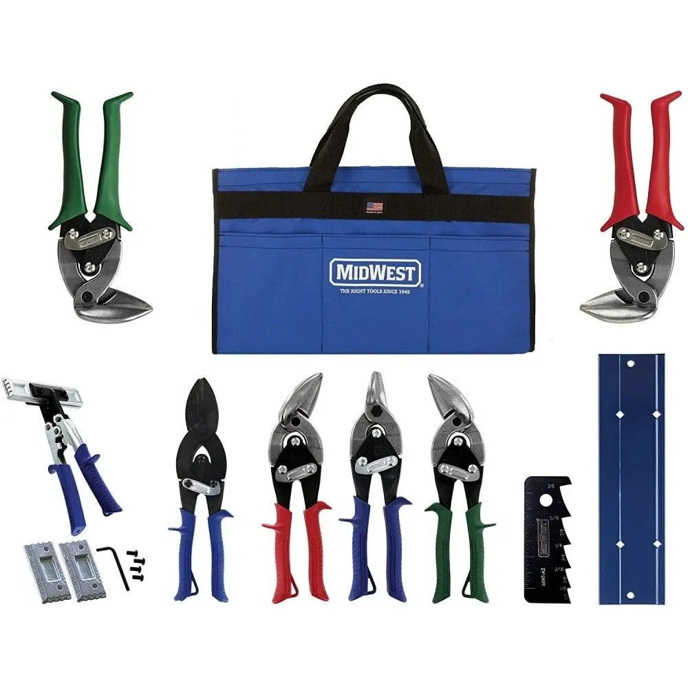 MIDWEST HVAC Tool Kit 9 Piece Set With Aviation Snips, Metalworking Tools And Bag - MWT-HVACKIT03
