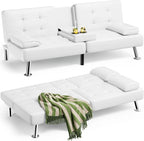 Homall Faux PU Leather Futon Sofa Bed, 65 x 30.7 x 28 in, Adjustable Recliner With Cup Holders