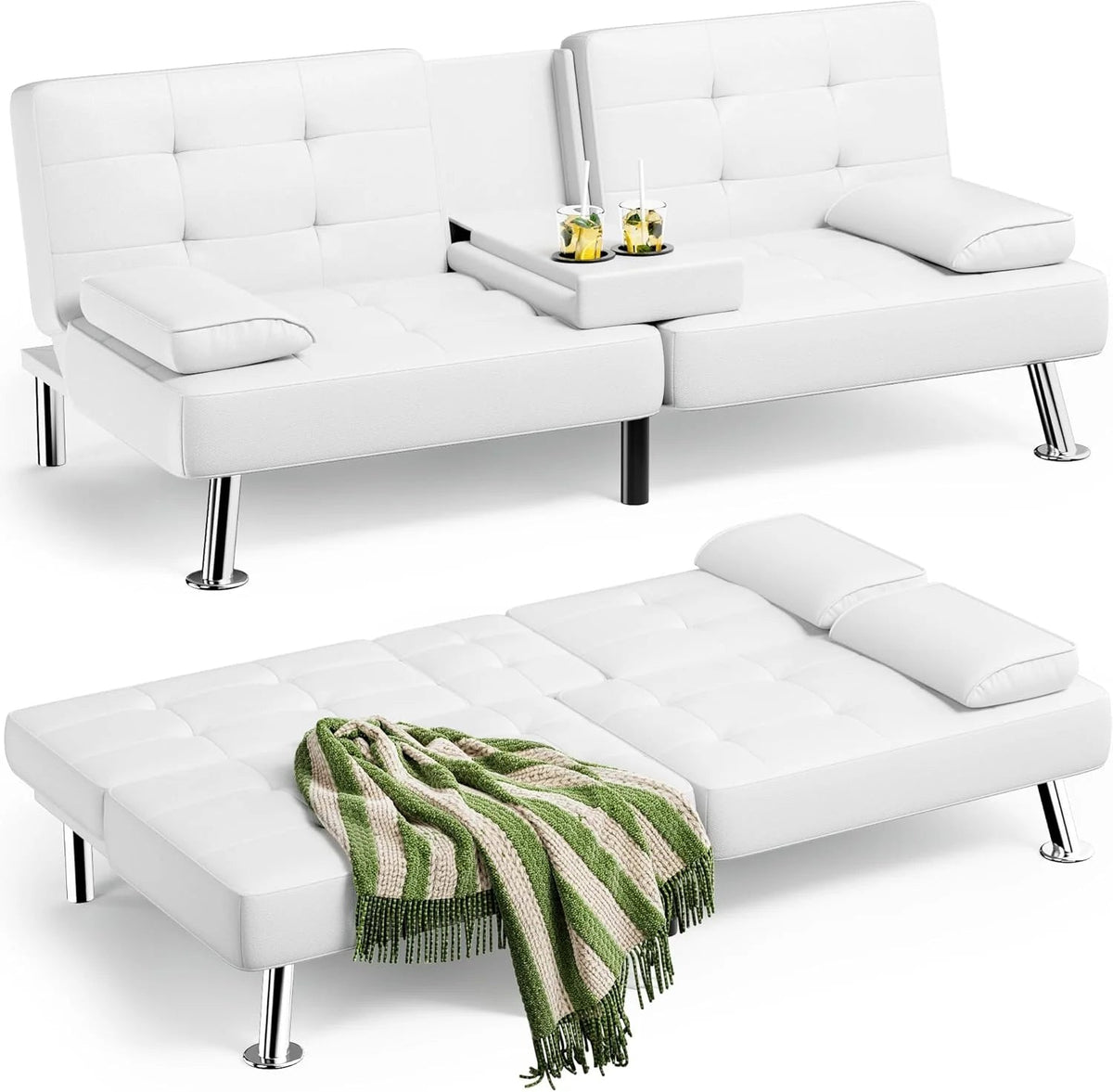 Homall Faux PU Leather Futon Sofa Bed, 65 x 30.7 x 28 in, Adjustable Recliner With Cup Holders