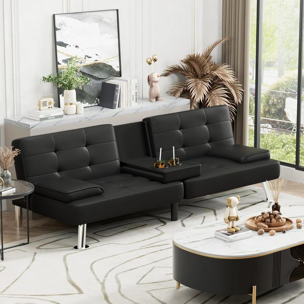 Homall Faux PU Leather Futon Sofa Bed, 65 x 30.7 x 28 in, Adjustable Recliner With Cup Holders