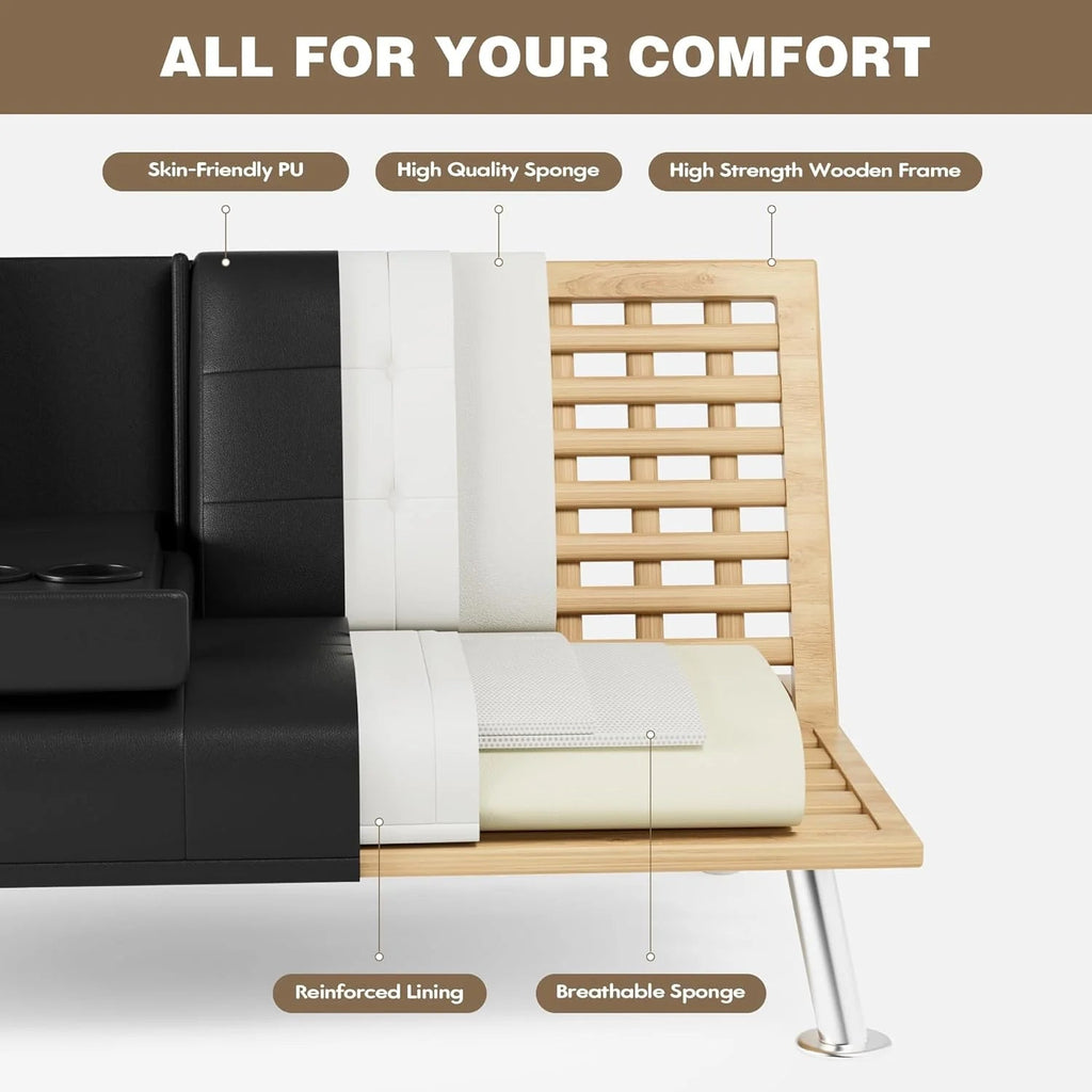 Homall Faux PU Leather Futon Sofa Bed, 65 x 30.7 x 28 in, Adjustable Recliner With Cup Holders