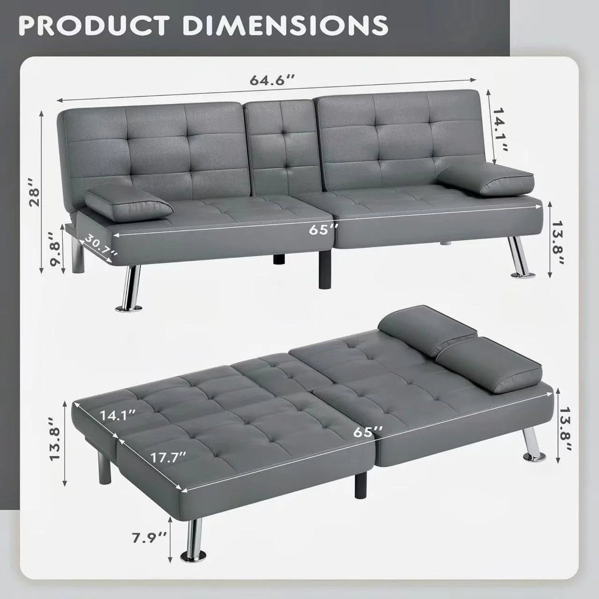 Homall Faux PU Leather Futon Sofa Bed, 65 x 30.7 x 28 in, Adjustable Recliner With Cup Holders