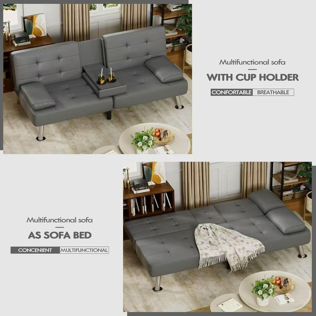 Homall Faux PU Leather Futon Sofa Bed, 65 x 30.7 x 28 in, Adjustable Recliner With Cup Holders