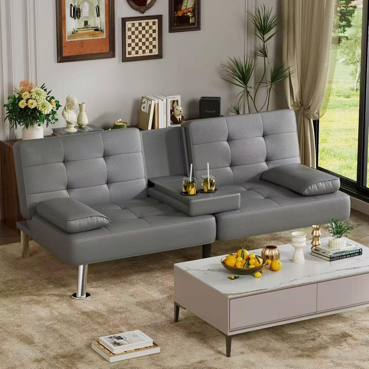 Homall Faux PU Leather Futon Sofa Bed, 65 x 30.7 x 28 in, Adjustable Recliner With Cup Holders