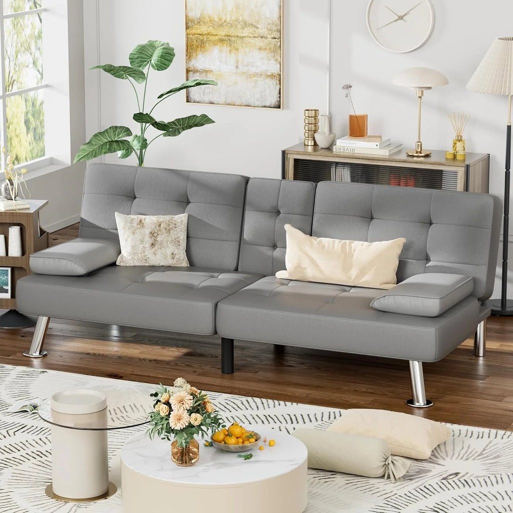 Homall Faux PU Leather Futon Sofa Bed, 65 x 30.7 x 28 in, Adjustable Recliner With Cup Holders