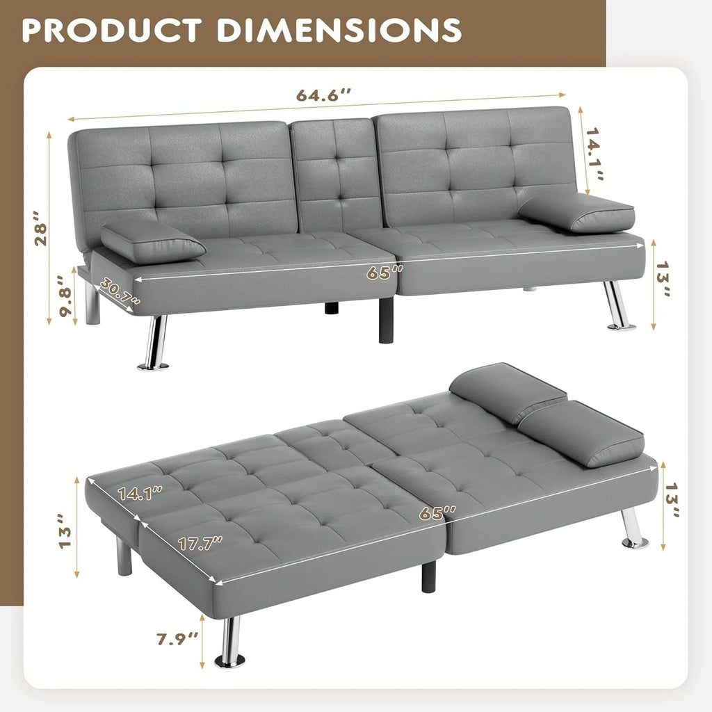 Homall Faux PU Leather Futon Sofa Bed, 65 x 30.7 x 28 in, Adjustable Recliner With Cup Holders