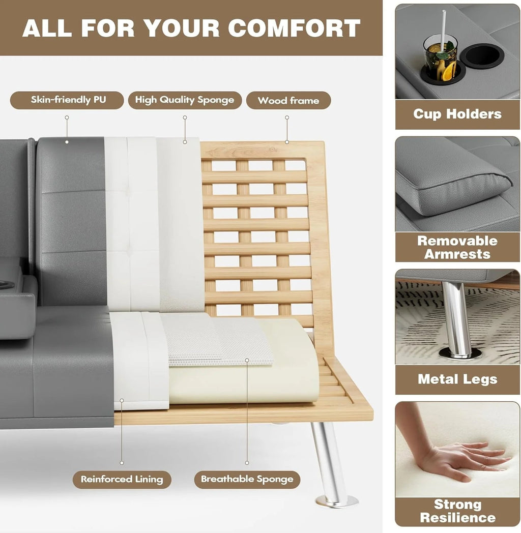 Homall Faux PU Leather Futon Sofa Bed, 65 x 30.7 x 28 in, Adjustable Recliner With Cup Holders