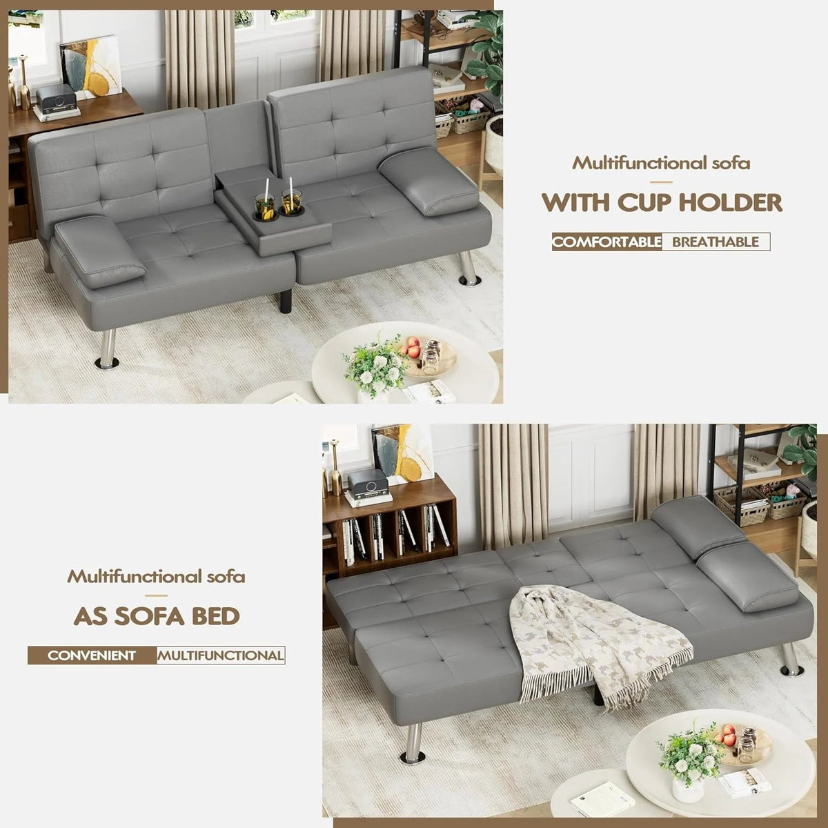 Homall Faux PU Leather Futon Sofa Bed, 65 x 30.7 x 28 in, Adjustable Recliner With Cup Holders