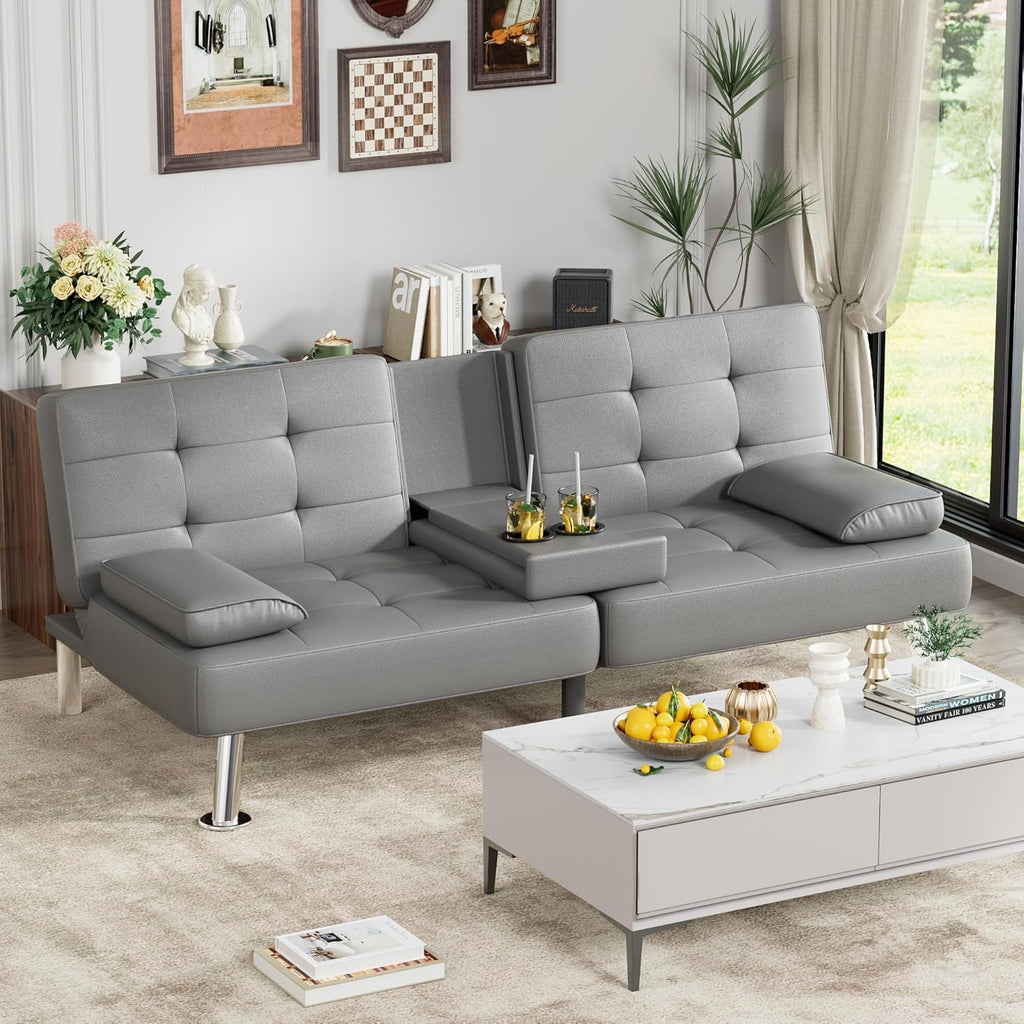 Homall Faux PU Leather Futon Sofa Bed, 65 x 30.7 x 28 in, Adjustable Recliner With Cup Holders