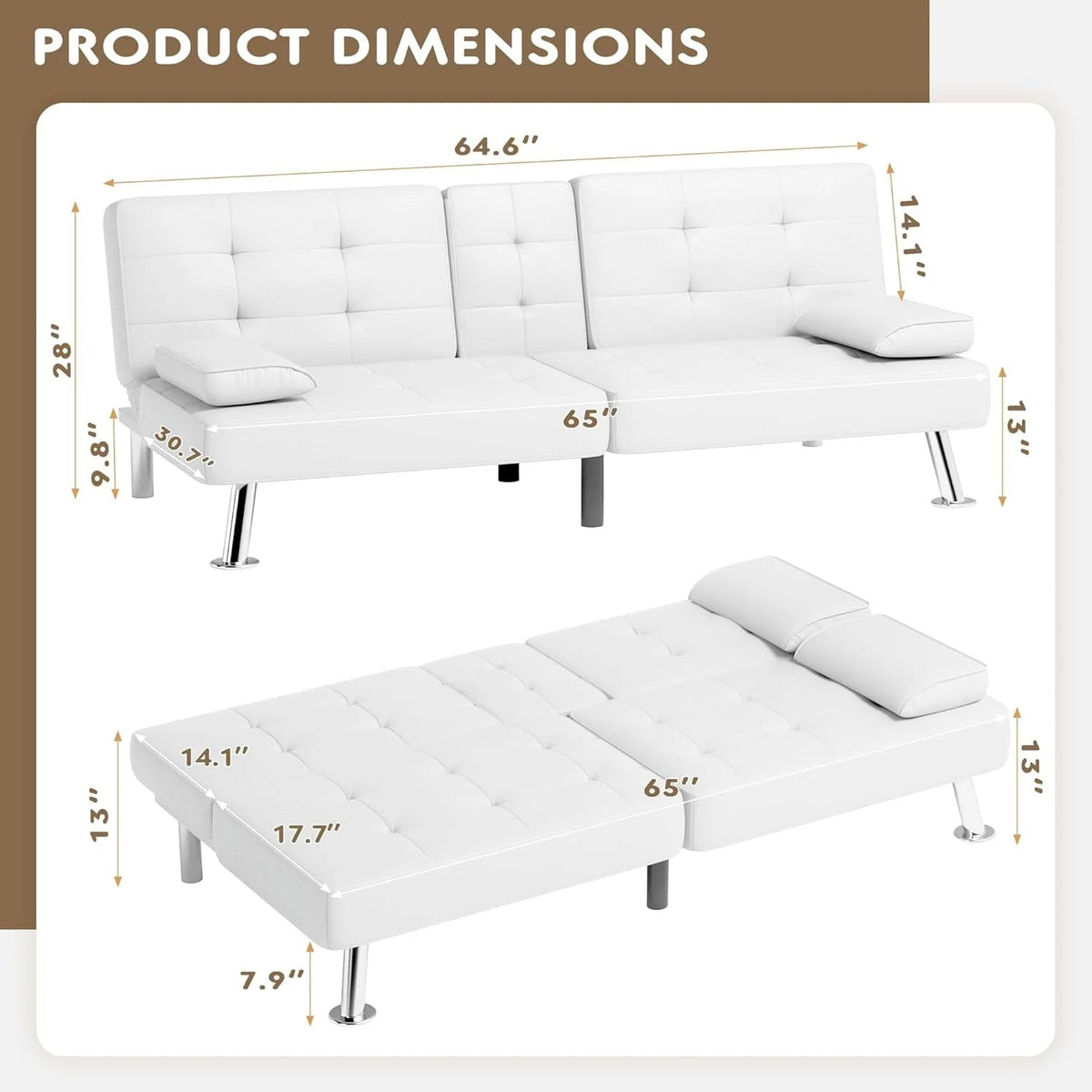 Homall Faux PU Leather Futon Sofa Bed, 65 x 30.7 x 28 in, Adjustable Recliner With Cup Holders