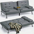 Homall Faux PU Leather Futon Sofa Bed, 65 x 30.7 x 28 in, Adjustable Recliner With Cup Holders