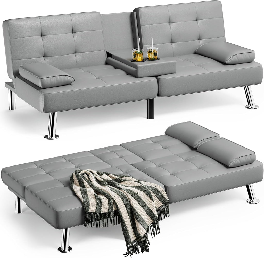 Homall Faux PU Leather Futon Sofa Bed, 65 x 30.7 x 28 in, Adjustable Recliner With Cup Holders