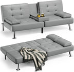 Homall Faux PU Leather Futon Sofa Bed, 65 x 30.7 x 28 in, Adjustable Recliner With Cup Holders