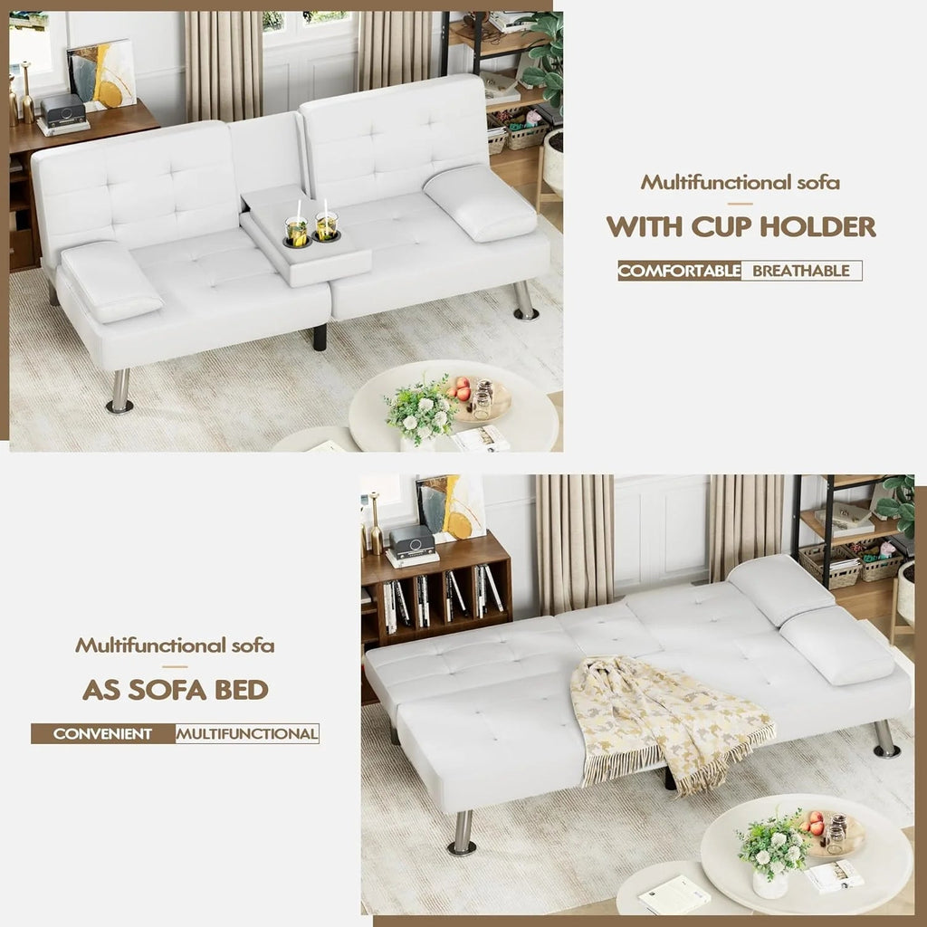 Homall Faux PU Leather Futon Sofa Bed, 65 x 30.7 x 28 in, Adjustable Recliner With Cup Holders
