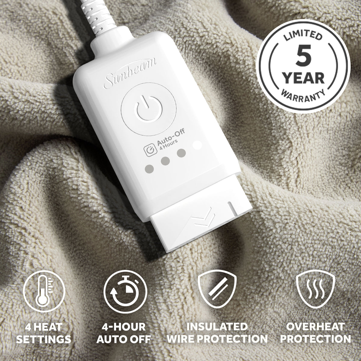 Sunbeam Heated Electric Microplush Throw Blanket, Light Gray, 4 Heat Settings, 50 x 70 in