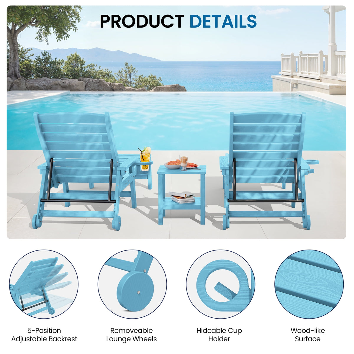 SERWALL Patio Chaise Lounge Chair, 78'' HDPE Outdoor Lounge Chair 5 Positions Pool Lounger Light Blue